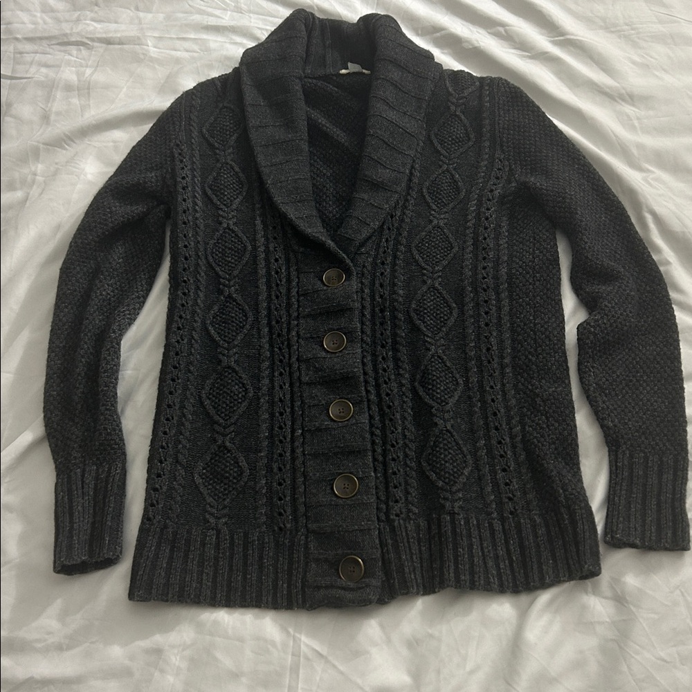 Fossil Wool Cashmere Blend Charcoal Cable Knit Button Down Collared Sweater